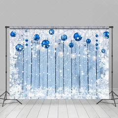Lofaris White Blue Christmas Ball Wooden Snowy Winter Backdrop