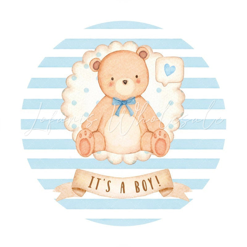 Lofaris White-Blue Stripe Bear Theme Round Baby Shower Backdrop