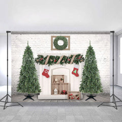 Lofaris White Brick Christmas Wreath Tree Backdrop