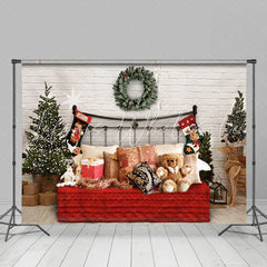 Lofaris White Bricks And Bed With Pillows Teddy Bear Backdrop