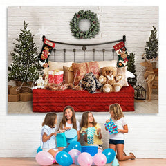 Lofaris White Bricks And Bed With Pillows Teddy Bear Backdrop