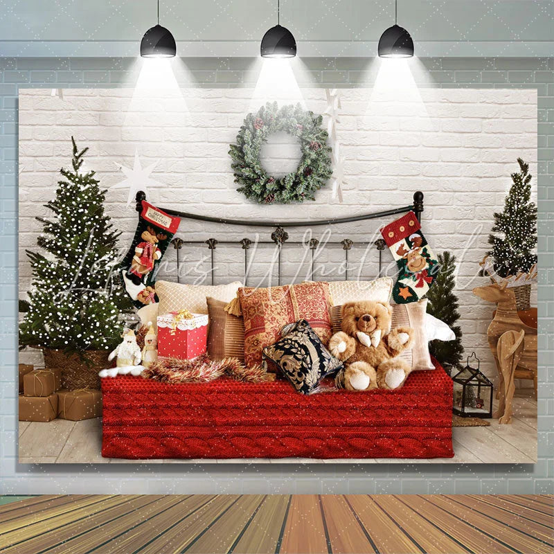 Lofaris White Bricks And Bed With Pillows Teddy Bear Backdrop