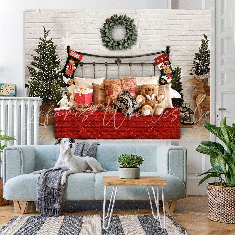 Lofaris White Bricks And Bed With Pillows Teddy Bear Backdrop