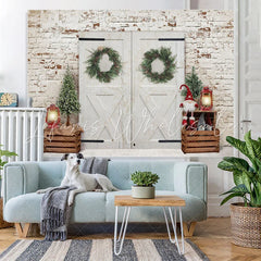 Lofaris White Bricks And Door With Christmas Tree Backdrop