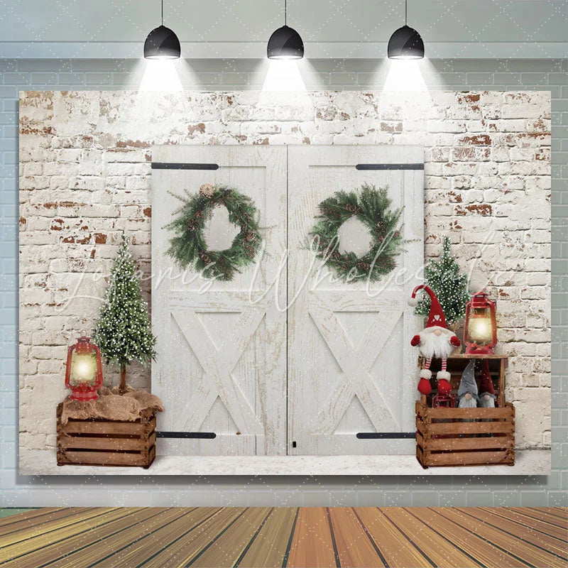Lofaris White Bricks And Door With Christmas Tree Backdrop