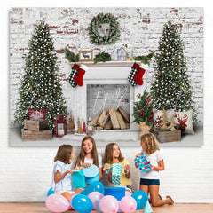 Lofaris White Bricks And Fireplace Christmas Tree Backdrop