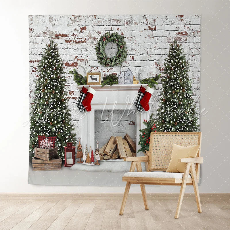 Lofaris White Bricks And Fireplace Christmas Tree Backdrop