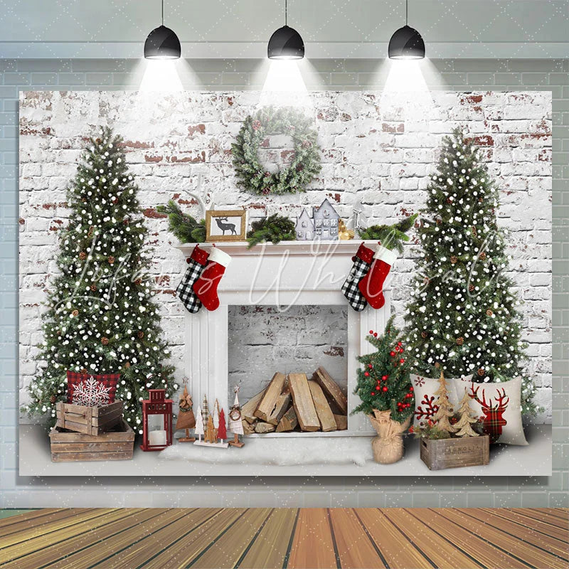 Lofaris White Bricks And Fireplace Christmas Tree Backdrop