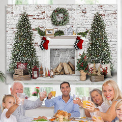 Lofaris White Bricks And Fireplace Christmas Tree Backdrop