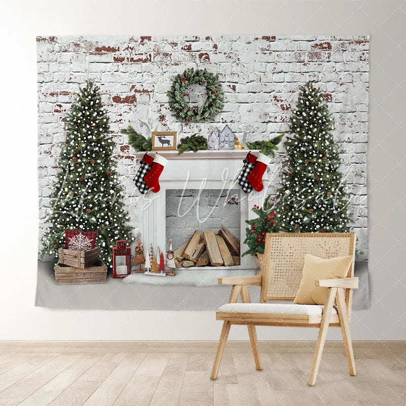Lofaris White Bricks And Fireplace Christmas Tree Backdrop