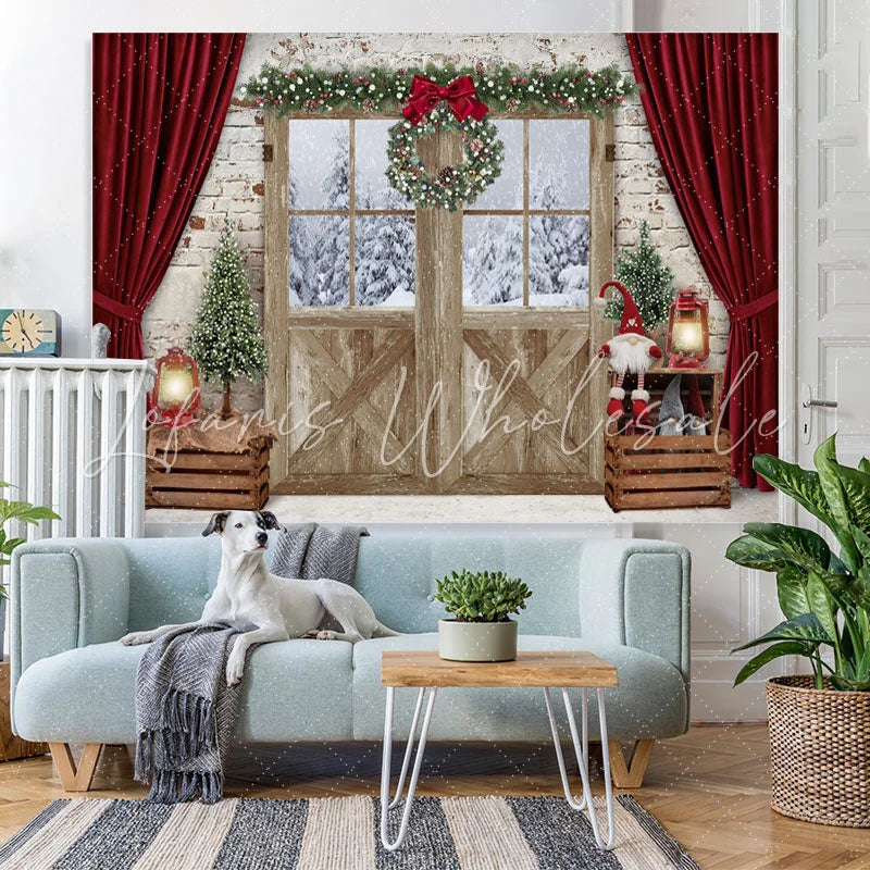 Lofaris White Bricks With Red Curtain Christmas Winter Backdrop