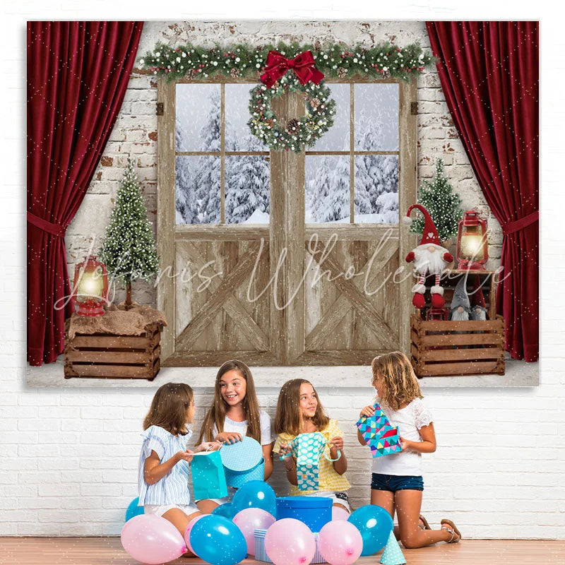 Lofaris White Bricks With Red Curtain Christmas Winter Backdrop