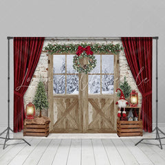 Lofaris White Bricks With Red Curtain Christmas Winter Backdrop