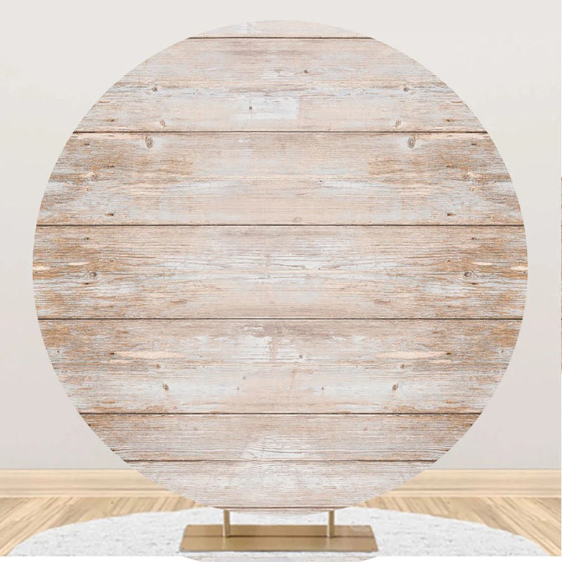 Lofaris White Brown Wood Plank Round Happy Birthday Backdrop