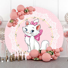 Lofaris White Cat And Pink Floral Round Birthday Backdrop Kit