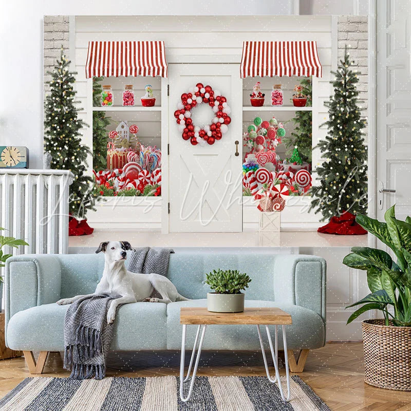Lofaris White Christmas Store With Gifts And Lollipops Backdrop