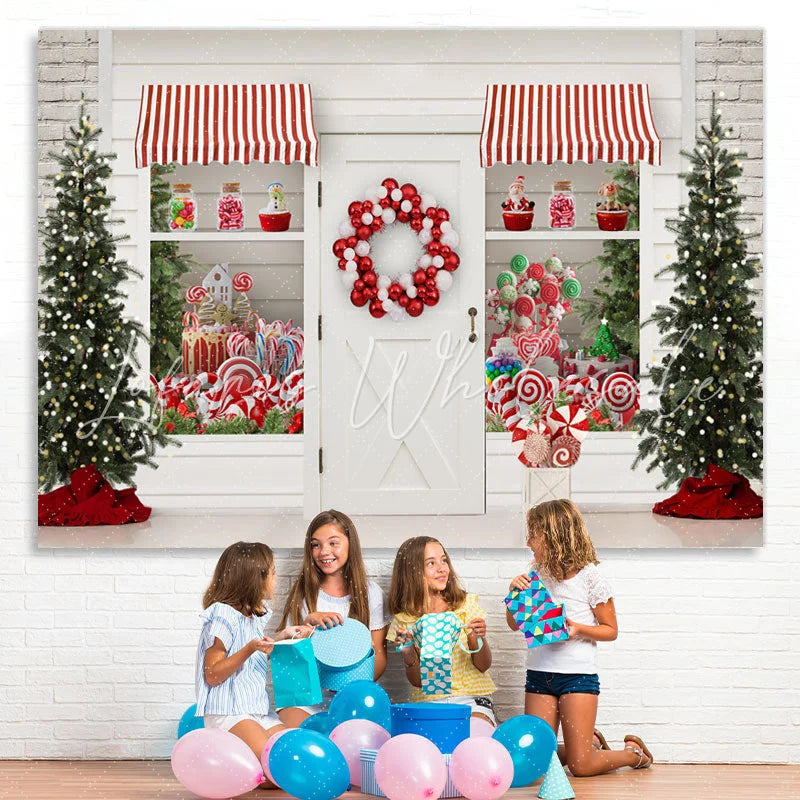 Lofaris White Christmas Store With Gifts And Lollipops Backdrop