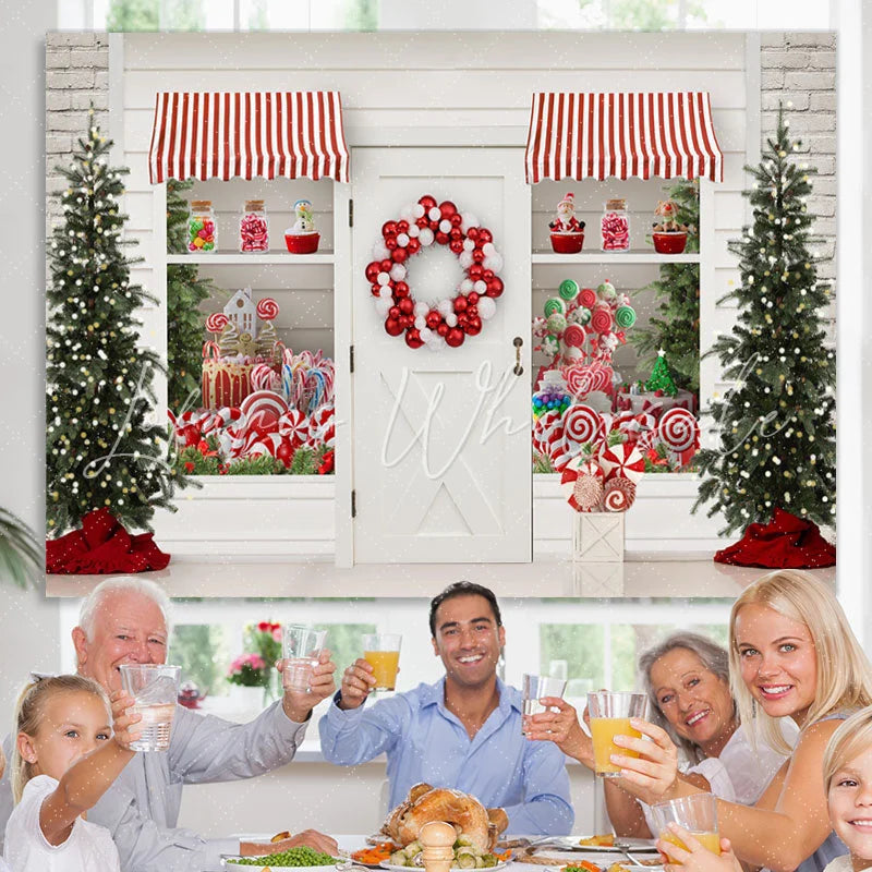 Lofaris White Christmas Store With Gifts And Lollipops Backdrop