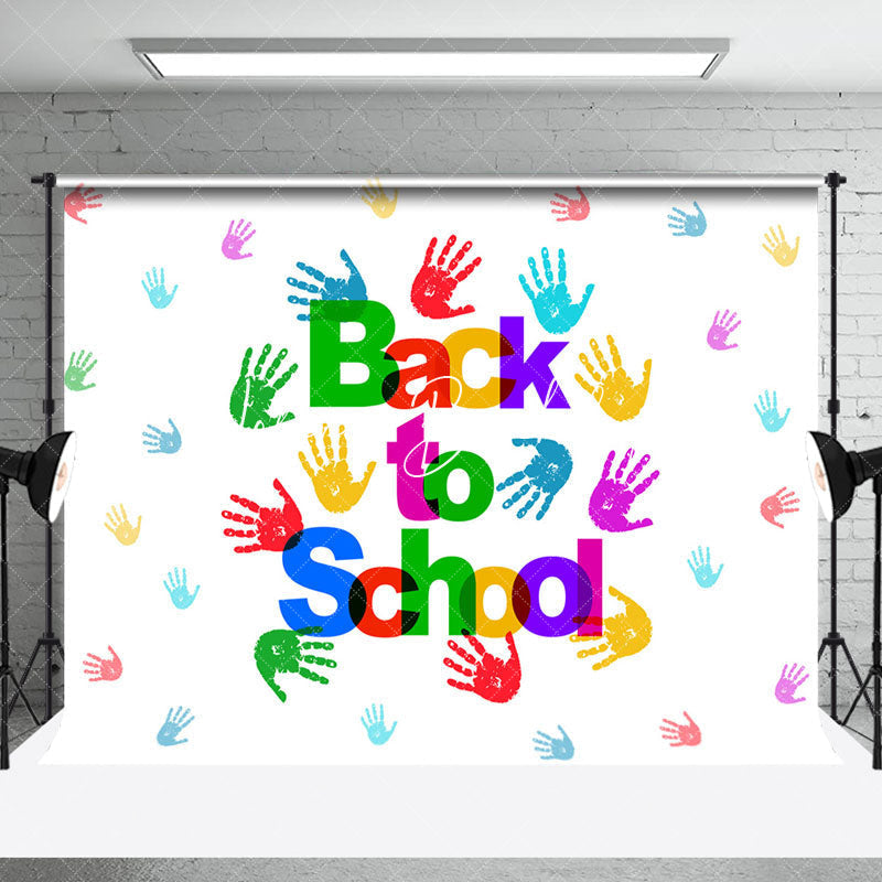 Lofaris White Colorful Handprints Back To School Backdrop