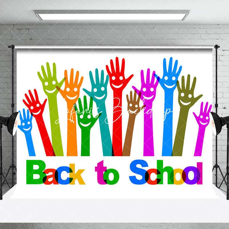 Lofaris White Colorful Raised Hands Back To School Backdrop