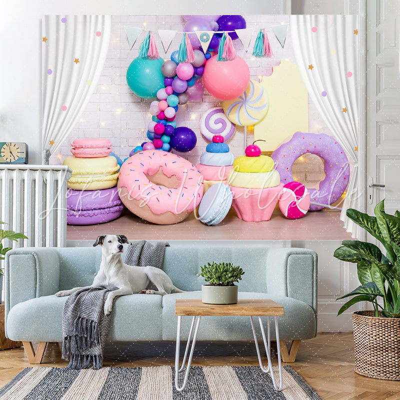 Lofaris White Curtain Color Balloon Donut Macaron Backdrop