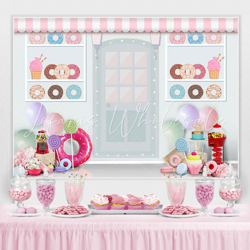 Lofaris White Dessert Shop Donut Theme Happy Birthday Backdrop