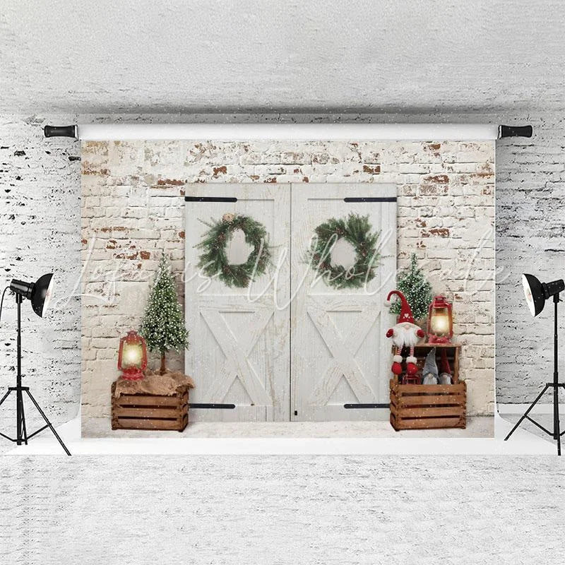 Lofaris White Door Brick Green Wreath Doll Christmas Backdrop