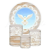 White Dove Baptized Themed Round Backdrop and Cylinders Kit
