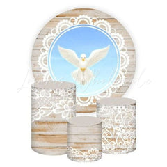 White Dove Baptized Themed Round Backdrop and Cylinders Kit