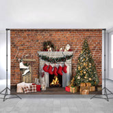 Lofaris White Fireplace And Chrismas Tree Taupe Brick Backdrop