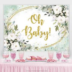 Lofaris White Floral And Green Leaves Gold Baby Shower Backdrop