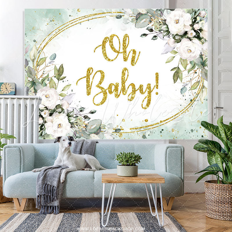 Lofaris White Floral And Green Leaves Gold Baby Shower Backdrop