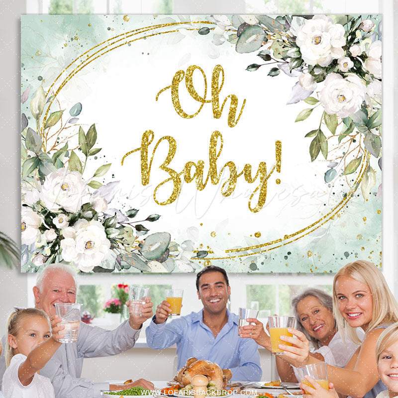 Lofaris White Floral And Green Leaves Gold Baby Shower Backdrop