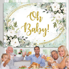 Lofaris White Floral And Green Leaves Gold Baby Shower Backdrop