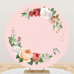 Lofaris White Floral And Green Leaves Pink Round Birthday Backdrop