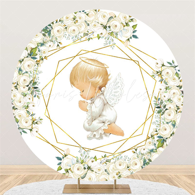 Lofaris White Floral And Little Kids Round Baby Shower Backdrop