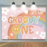 Lofaris White Floral And Rainbow Pink Groovy One Birthday Backdrop