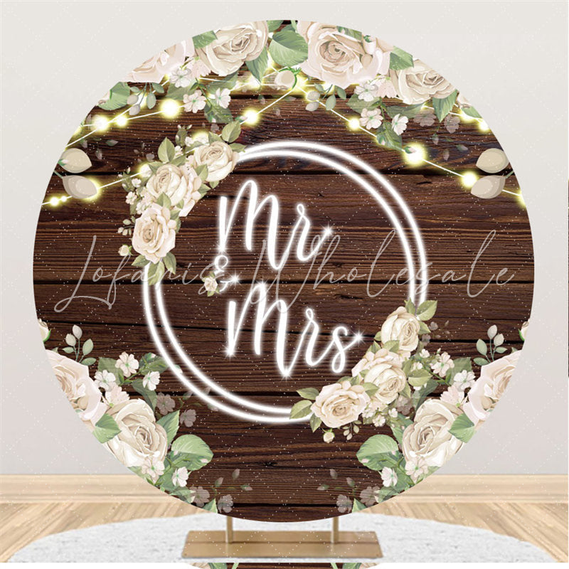 Lofaris White Floral Brown Wood Round Mr To Miss Wedding Backdrop