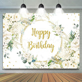 Lofaris White Floral Gold Glitter Happy Birthday Party Backdrop