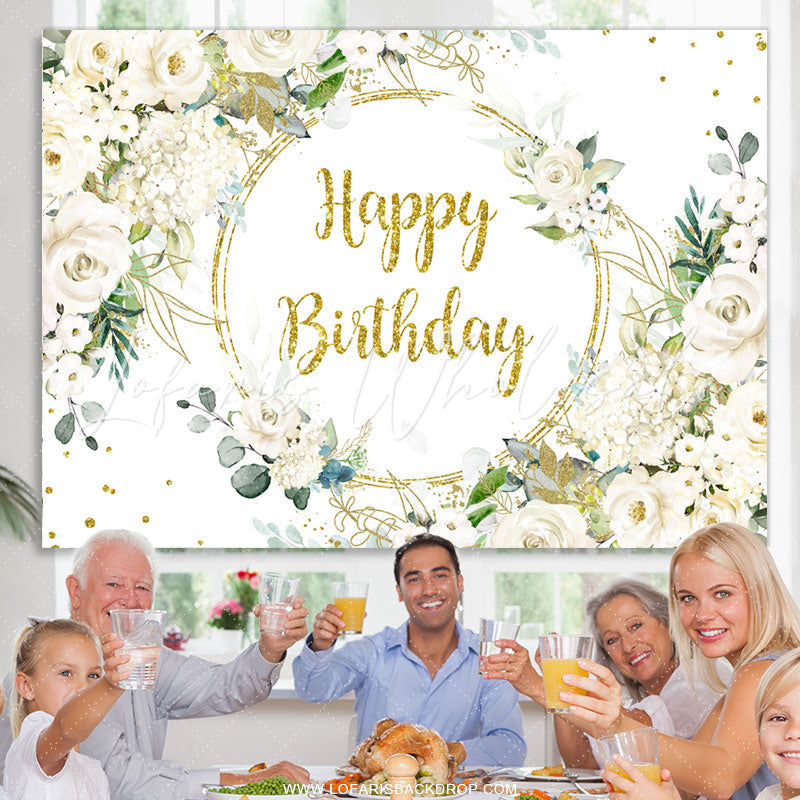 Lofaris White Floral Gold Glitter Happy Birthday Party Backdrop