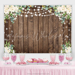 Lofaris White Floral Green Leaf Brown Wood Birthday Backdrop
