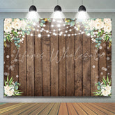 Lofaris White Floral Green Leaf Brown Wood Birthday Backdrop