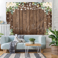 Lofaris White Floral Green Leaf Brown Wood Birthday Backdrop