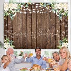 Lofaris White Floral Green Leaf Brown Wood Birthday Backdrop