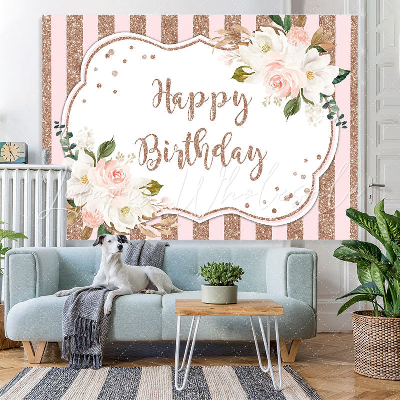 Lofaris White Floral Pink and Rose Gold Bokeh Birthday Backdrop