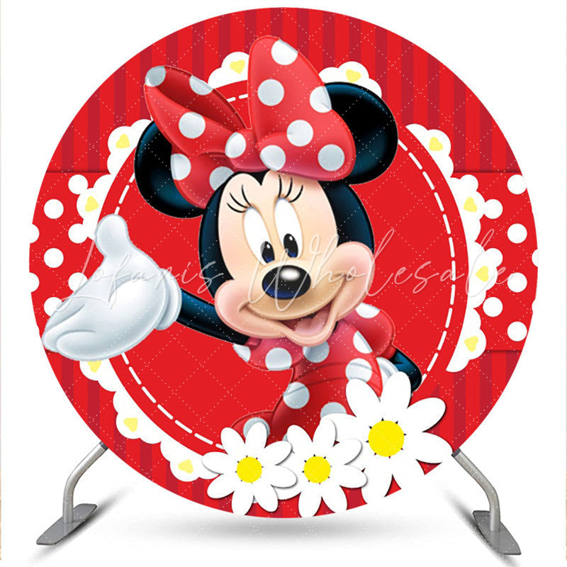Lofaris White Floral Round Cartoon Mouse Red Birthday Backdrop
