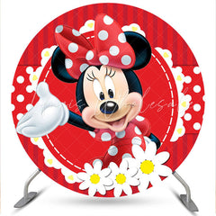 Lofaris White Floral Round Cartoon Mouse Red Birthday Backdrop