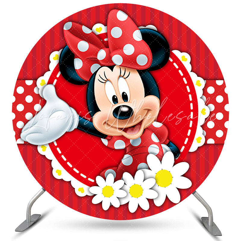 Lofaris White Floral Round Red Cartoon Mouse Birthday Backdrop