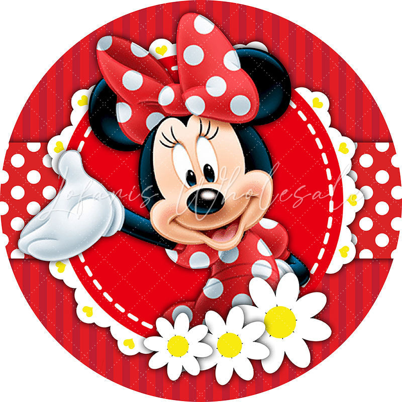 Lofaris White Floral Round Red Cartoon Mouse Birthday Backdrop