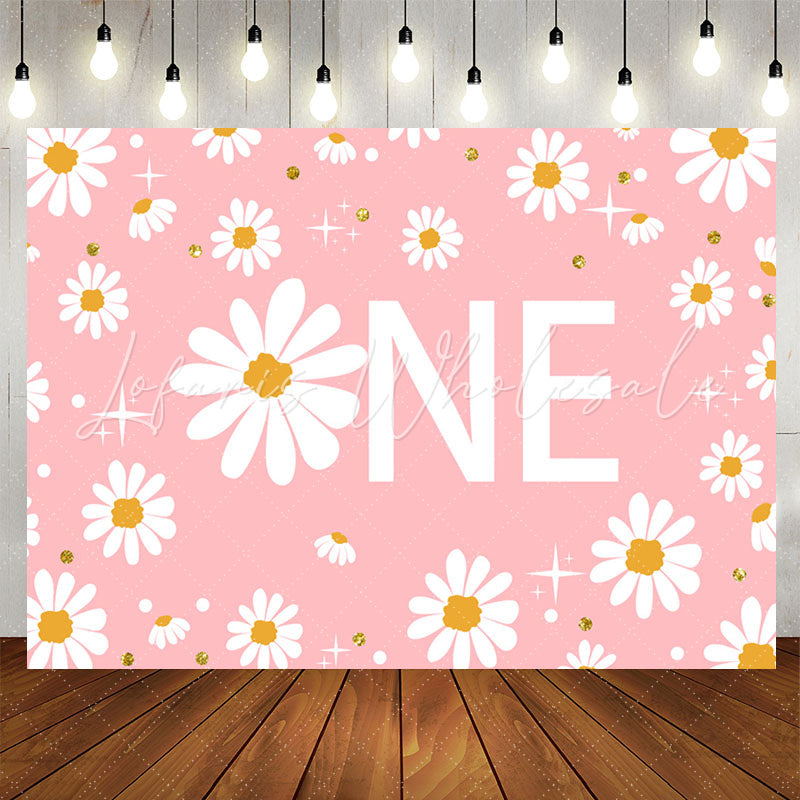 Lofaris White Floral Shining Pink 1st Birthday Backdrop For Girl